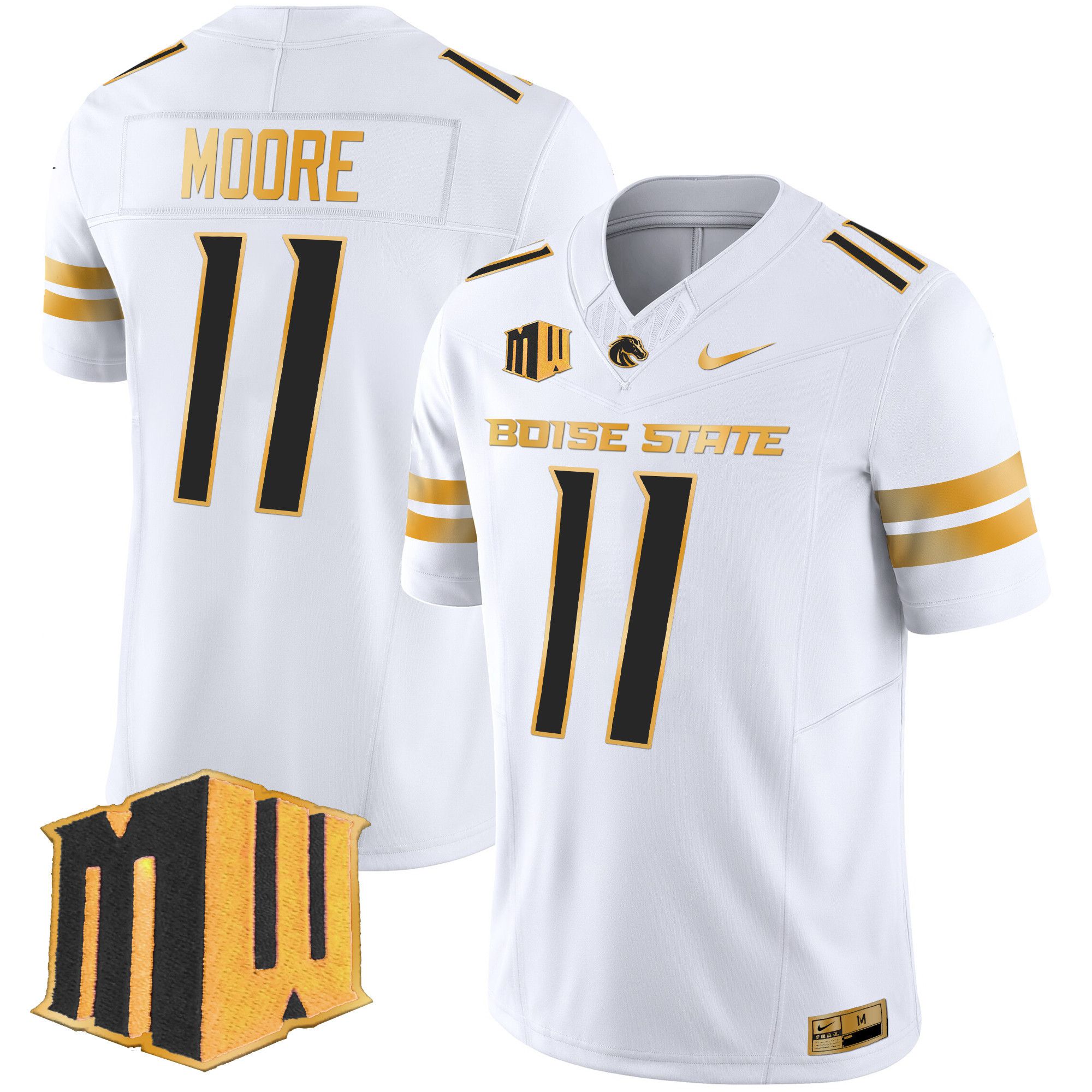 Men Boise State Broncos #11 Moore White Nike 2024 Gold Vapor Limited NCAA Jersey->->NCAA Jersey